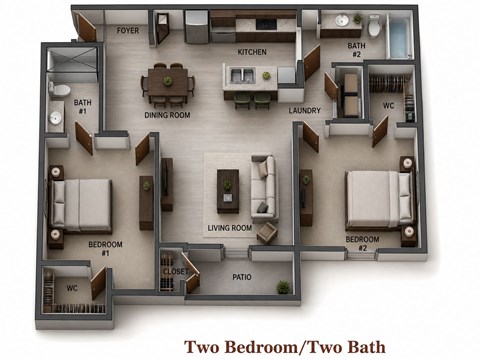 Floor plan for 2 beds, 2 baths, 1036 sqft